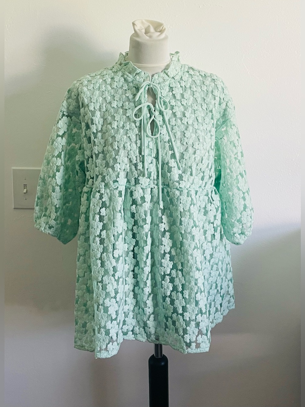 Mark New York Women Tunic M Pastel Mint Green Floral Lace Cottagecore Babydoll